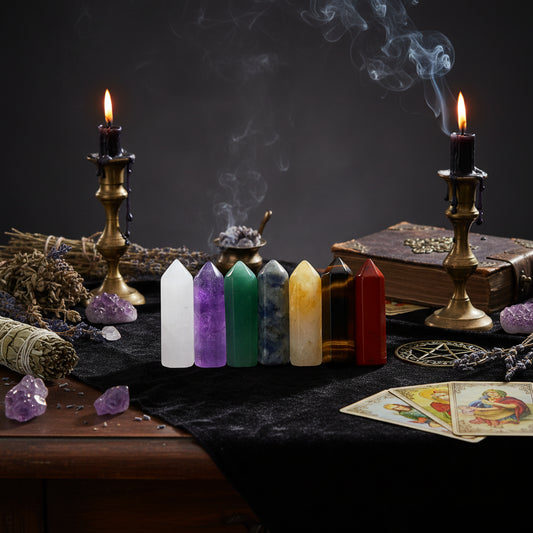 Crystal Box Set - Sorceress Sanctuary Bags (irregular 7)-Bagged Tiger Eye (7 single pointed hexagonal cones)-1261-1 boxed red aventurine (single pointed hexagonal column + irregular)-1261-2 boxed Tiger Eye (single pointed hexagonal column + irregular)-Bagged red aventurine (7 single pointed hexagonal cones)